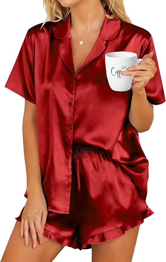 HOTOUCH Womens Satin Pajamas Set Button Down 2 Piece Silk Pjs Shorts Set Ruffle Lingerie Notch Collar Sleepwear