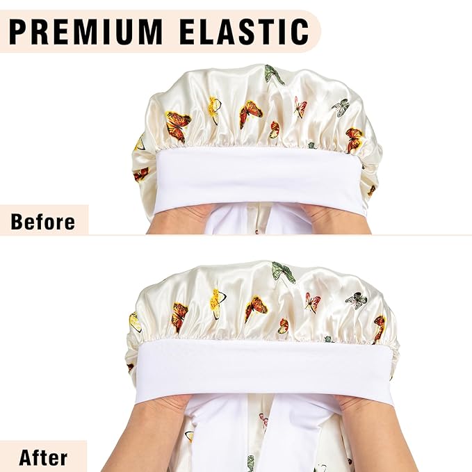 3Pcs Bonnets for Black Women Braid Bonnet, Large Long Satin Bonnet for Braids, Black Women Satin Silk Bonnet with Stretchy Tie Band Sleep Bonnet Cap for Long Curly Hair (Black&Silver Pattern&Purple)