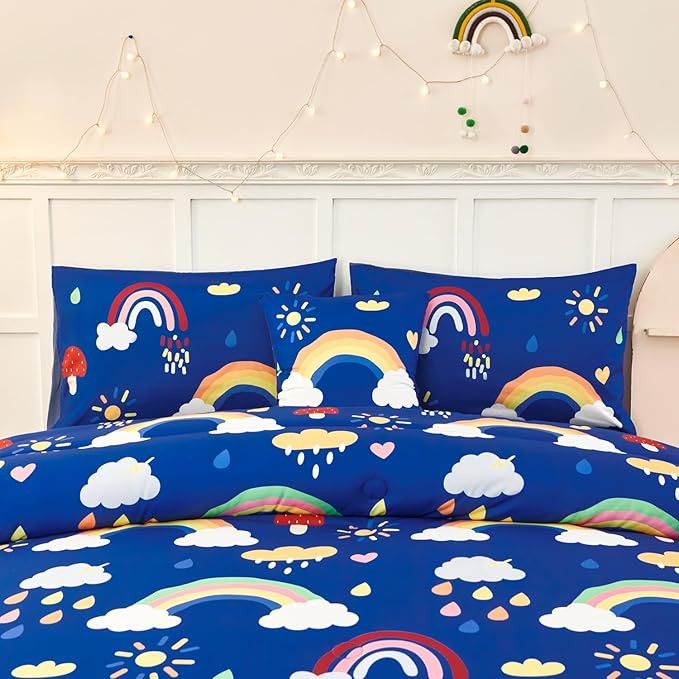 ANGIYUIN Blue Rainbow Kids Full Size Bed in A Bag with Sheets Cute Cloud and Rain Design Girls Comforter Set Soft Microfiber Bedding Set, Blue, Full