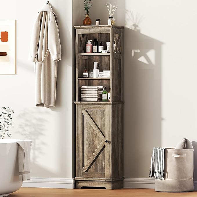 Tall Bathroom Storage Cabinet with Door and Open Adjustable Shelves, 60.9" H Wooden Tower Corner Narrow Farmhouse Cabinet, Freestanding Organizer for Kitchen, Entryway Grey