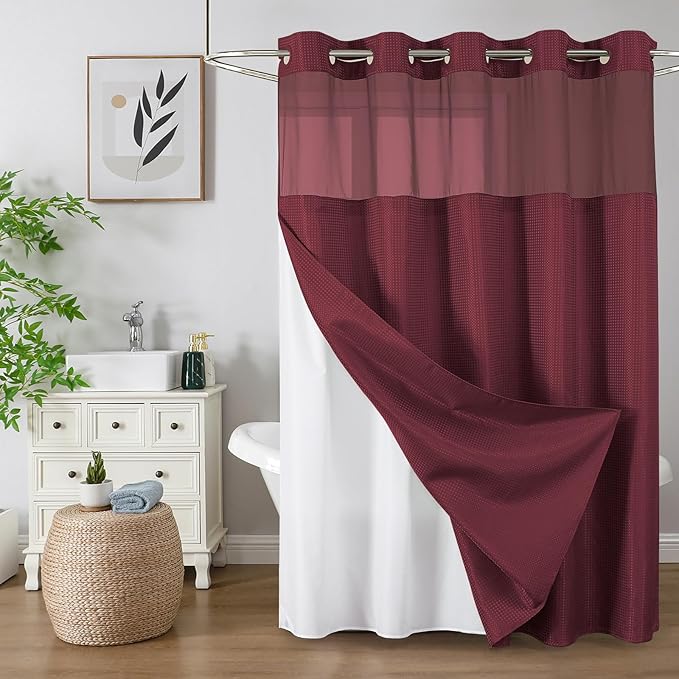 Colorful Star No Hook Shower Curtain with Snap in Fabric Liner, Waffle Weave Heavy Duty Thick Shower Curtains with Mesh Top Window, Hotel Style Waterproof Bathroom Curtain Set, 72 x 87 Inch, Burgundy