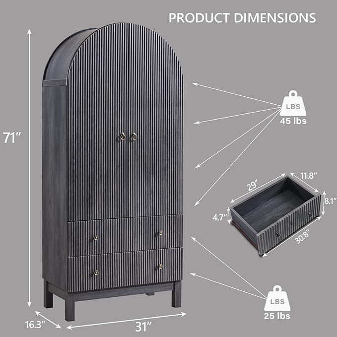 71" Tall Arched Bathroom Storage Cabinet, Modern Fluted Cabinet Storage with 4 Shlves and 2 Drawers, Floor Cabinet for Bathroom, Living Room, Kitchen, Dark Gray