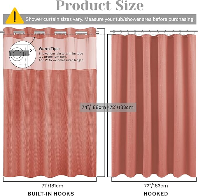 No Hook Shower Curtain with Snap in Liner Set Waffle Shower Curtain for Bathroom Hotel Style Fabric Waterproof Inner Liner，71" W x 74" H, Coral