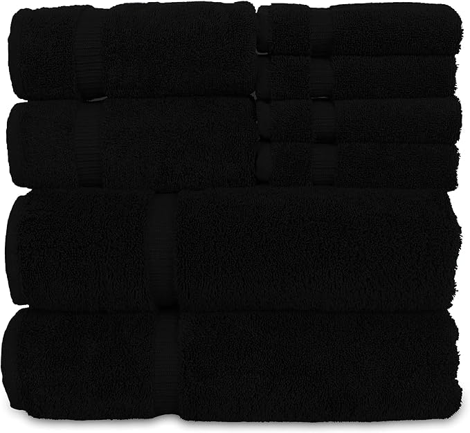 Luxury Hotel & Spa Quality, Highly Absorbent 100% Turkish Cotton, 750+ GSM, Eco Friendly Towel, Bathroom and Kitchen Dobby Border Towels, 2 Bath Towel, 2 Hand Towel, 4 Washcloths (8 Piece, Black)