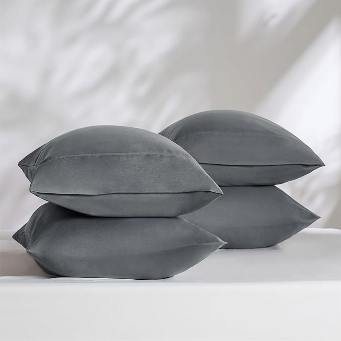 Bedsure Queen Pillow Cases Set of 4 - Dark Grey Brushed Microfiber Pillowcases 4 Pack, Super Soft Pillow Case Covers with Envelope Closure, Wrinkle, Fade and Stain Resistant, 20x30 Inches