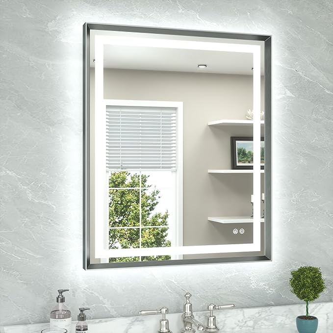 TETOTE 30 x 36 Bathroom LED Mirror Brushed Gunmetal Gray Frame Frontlit & Backlit Vanity Mirror Anti-Fog Stepless Dimmable 3 Colors White/Warm/Natural Wall-Mounted