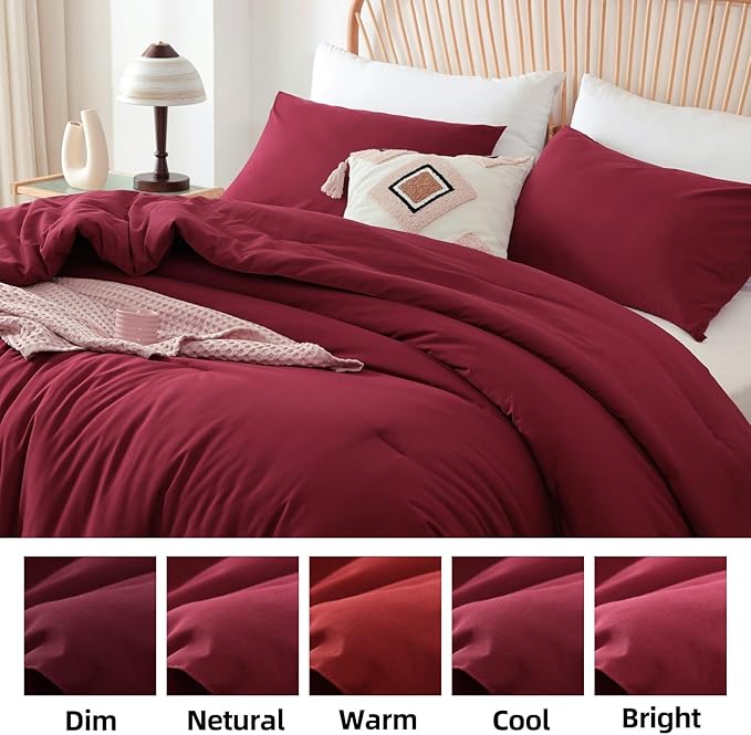 ROSGONIA Full Size Comforter Sets for Girls Boys Kids Dark Red, 3pcs Comforter Full Size (1 Comforter & 2 Pillowcases) Lightweight Dorm Bedding Sets