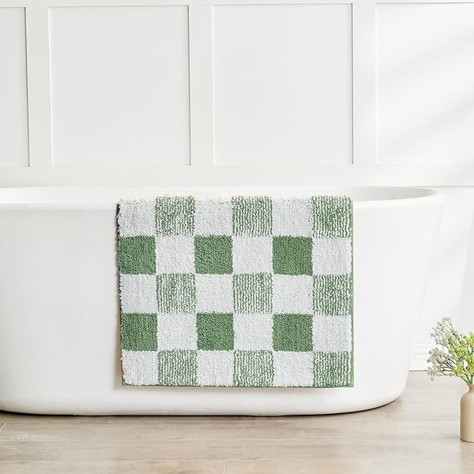CozeCube Bath mats for Bathroom Non Slip, Fluffy Absorbent Microfiber Bath mat Washable, Aesthetic Bathroom Rugs, Long Sage Green Checkered Bath mat, Sage Green, 47" x 24"