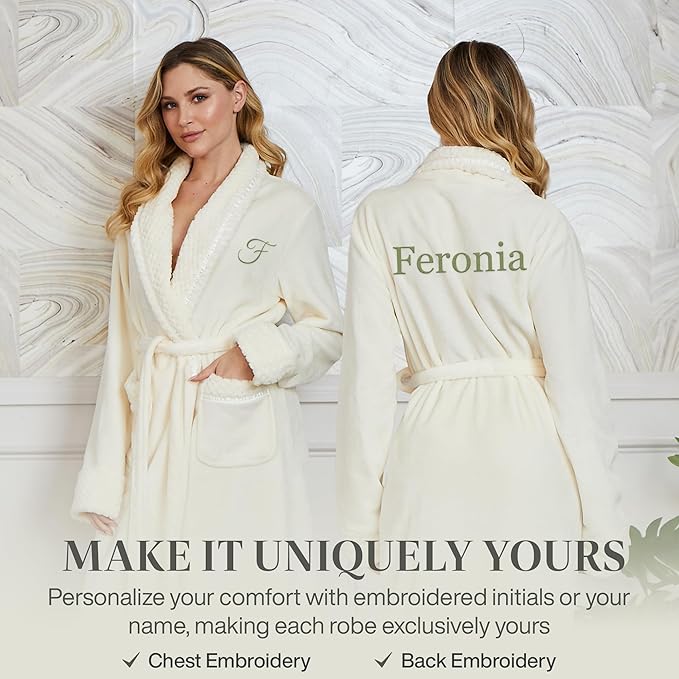 Lotus Linen Plush Robes for Women - Soft Bathrobe, Custom Monogram, Warm Fleece Robe with Pockets