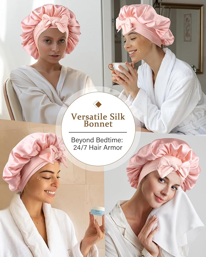 AWAYTR Mulberry Silk Bonnet for Sleeping - Silk Sleep Bonnet with Tie Band for Curly Hair Men and Women (Pink)