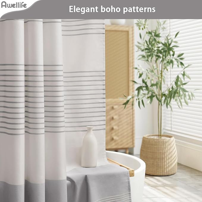 Awellife Farmhouse Grey Shower Curtain for Bathroom Linen Texture Stripe Tassel Shower Curtain 72 X 78 Inches Neutral