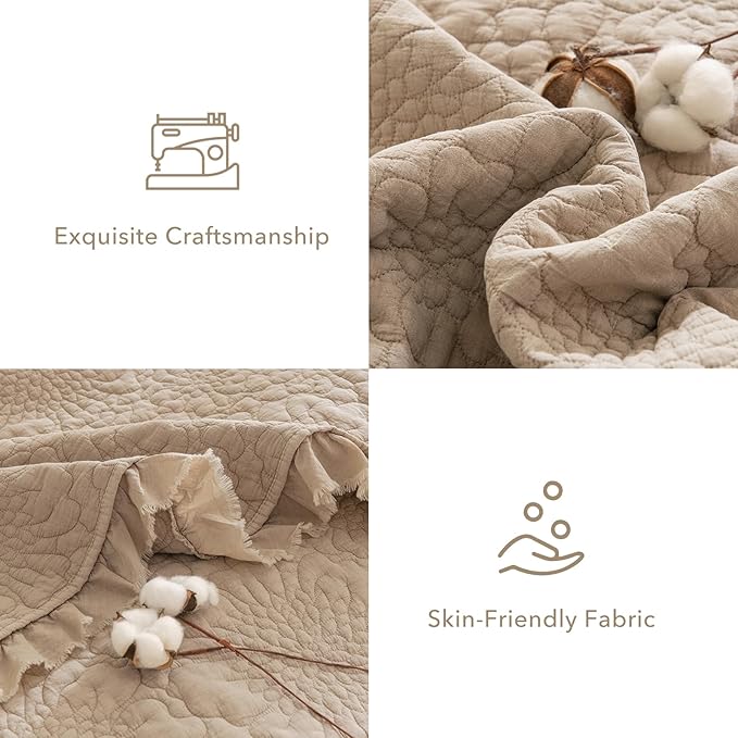 QSH 3PCs Stonewashed Cotton Quilt King (110"x98"), Dark Wheat Ruffled Quilt King Size Bedding Set,Ultra Lightweight Soft Crinkled Bedspread Coverlet King Shabby Farmhouse Chic Bedding for All Seasons