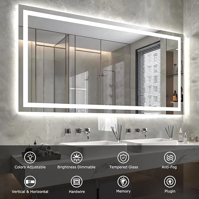 72X36 LED Bathroom Mirror with Lights, Anti-Fog, Dimmable, Backlit + Front Lit, Smart Bathroom Vanity Mirror, Memory Function, Shatterproof, Tempered Glass (Horizontal/Vertical)