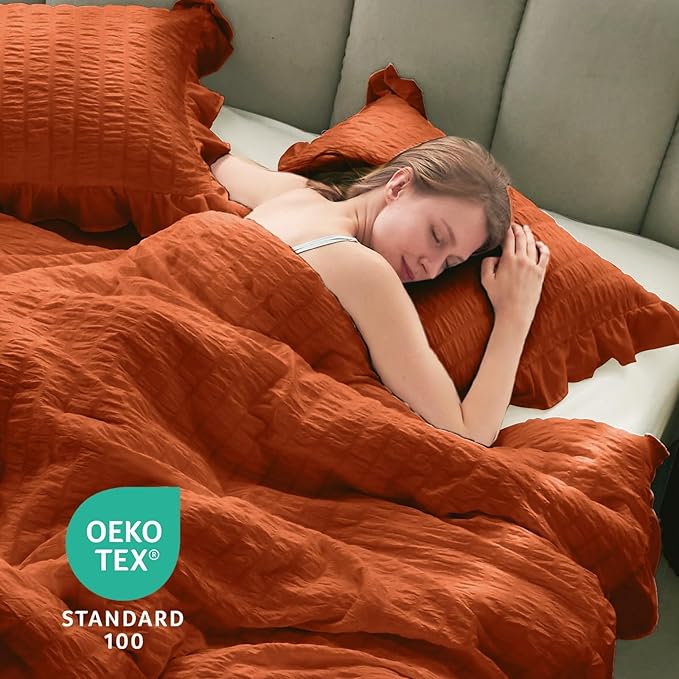 JOLLYVOGUE King Comforter Set, 3 Pieces Seersucker Comforters King Size, Lightweight & Fluffy Bedding Sets King for All Season with 1 Ruffle Comforter and 2 Ruffle Pillowshams, Burnt Orange