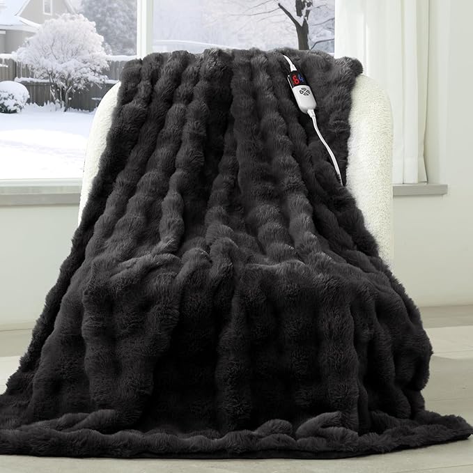 Faux Rabbit Fur Bubble Electric Blanket Dark Grey - Luxury Fluffy Soft Heated Throw Blanket with 6 Heating Levels & 4 Timer Settings, Decor Gifts for Home Bedroom Living Room (50" x 60")