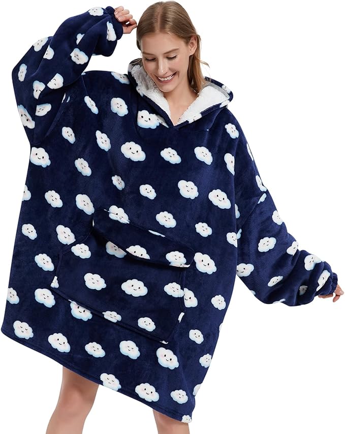 Wearable Blanket Hoodie for Adult,Oversized Sherpa Fleece Blanket Hoodie for Women Men,Navy Blue Cloud