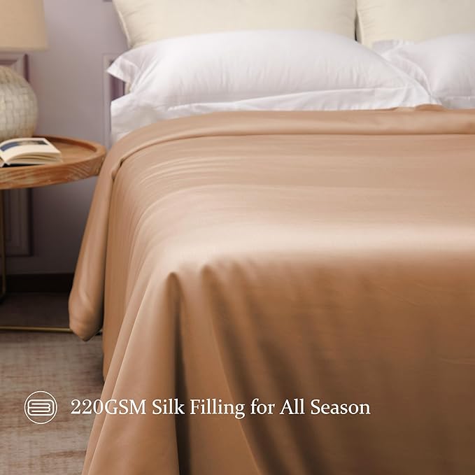 CUDDLE DREAMS Silk Filled Comforter for All Season, Detachable Tencel Duvet Cover for Easy Care, Naturally Breathable (Bronze, Queen)