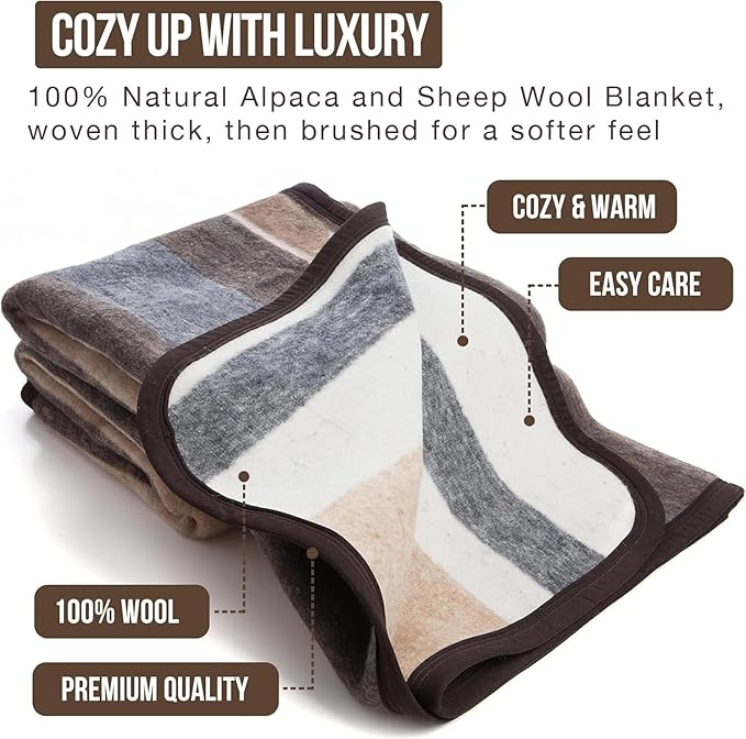 Natural Alpaca & Sheep Wool Blanket – Twin Size – Heavyweight Warmth, Thick, Breathable, Natural Texture & Scent, 63 x 84 Inches, 4.2 lbs – Made in Peru