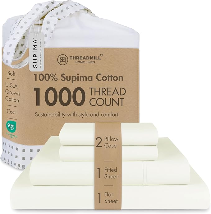 Threadmill Certified 100% American Supima Cotton Sheets, King-Sheets, 1000 Thread Count, 4 Piece Luxury Bed Sheets Set, Hotel Quality Sateen Weave, Ivory Sheet with Elasticized Deep Pocket