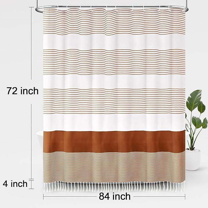 Awellife Boho Orange Shower Curtain for Bathroom Farmhouse Cotton Stripe Tassel Shower Curtain Natural Texture 72" L x 84" W