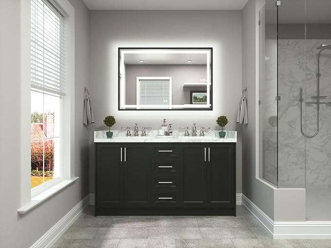 TETOTE 48 x 32 Bathroom LED Mirror Brushed Black Metal Frame Frontlit & Backlit Vanity Stepless Dimmable Anti-Fog 3 Colors White/Warm/Natural Light up Vanity Mirror Wall-Mounted
