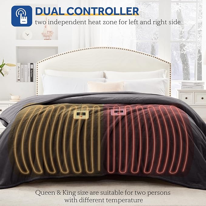 SEALY Electric Blanket King Size, Flannel Heated Blanket with Dual Controller, 10 Heat Setting & Auto Shut Off for Bed & Living Room - Grey, 100 x 90 Inch