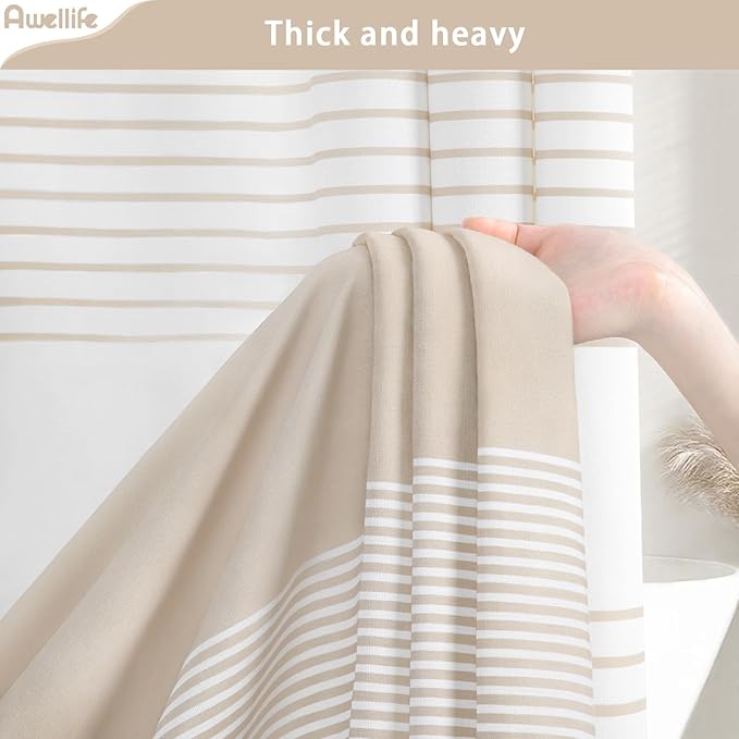 Awellife Boho Beige Shower Curtain for Bathroom Stripe Tassel Shower Curtain 84 X 72 Inches Farmhouse Cotton