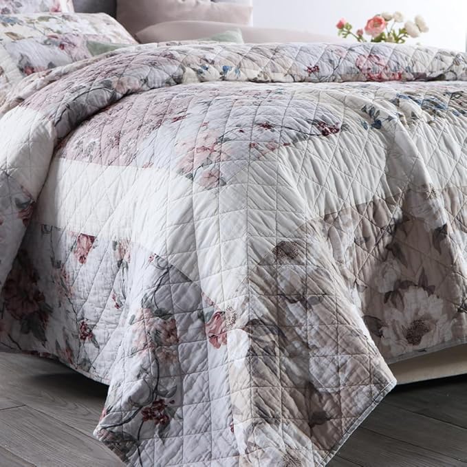 Cotton Bedspread Quilt Bedding Sets 3 Pieces Reversible Coverlet Sets Comforters Vintage Floral Patchwork White Bedspread, King Size