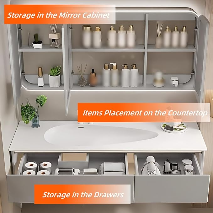 64IN Grey Bathroom Vanity Set - Floating Bathroom Vanity with Single Sink | Including LED Smart Defogging Mirror Cabinet & Time Display Function, Equipped with Motion Sensing Light Strip (Style A)