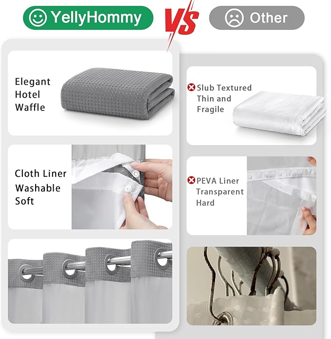 YellyHommy No Hook Shower Curtain with Snap in Liner Set Less Time Grey Waffle Shower Curtain for Bathroom 75" L x 78" W