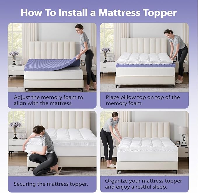 downluxe 4 Inch Queen Memory Foam Mattress Topper Pro Dual Layer 2 Inch Cooling Gel Egg Crate Memory Foam Plus 2 Inch Pillow Top Medium Firm with Deep Pocket