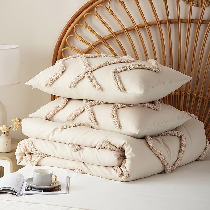 Cupocupa King Size Comforter Set;Beige Boho Tufted Lightweight Bedding Sets 3PCS Soft Jacquard Comforter with 2 Pillow Cases for All Season
