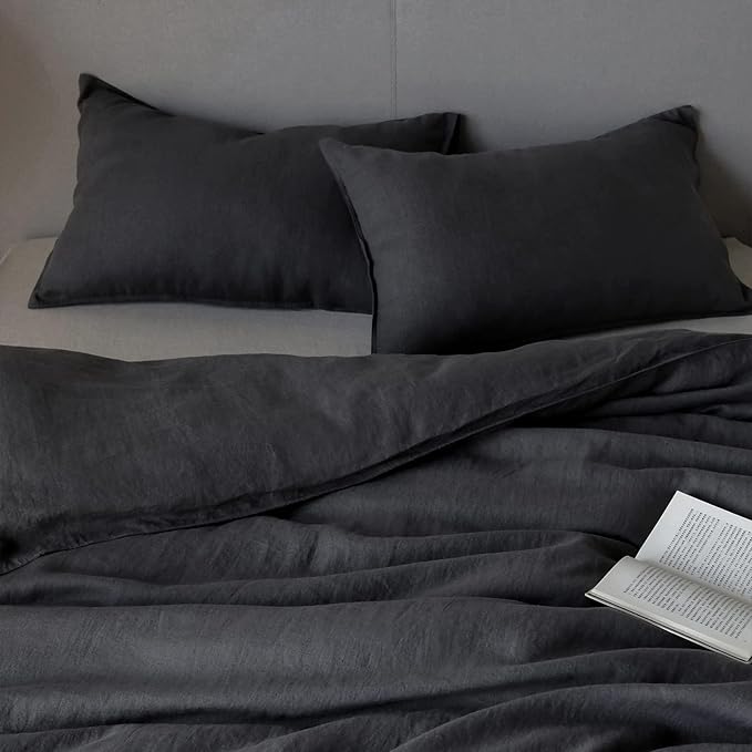 XZ XIFA Dark Grey Linen Duvet Cover Full, 100% Washed French Flax Linen Bedding Set with Zipper Closure, Cooling & Textured Bed Sets for Hot Sleepers(1 Duvet Cover, 2 Pillowcases)