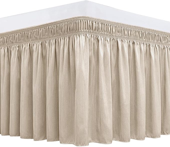 Biscaynebay Wrap Around Bed Skirts for Queen Beds 19" Long Drop, Light Camel Adjustable Elastic Dust Ruffles Easy Fit Wrinkle & Fade Resistant Silky Luxurious Fabric Solid Machine Washable