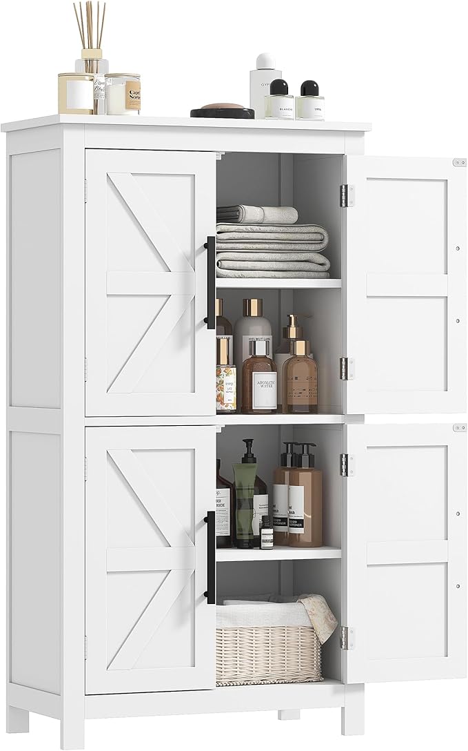 HOMCOM Farmhouse Bathroom Storage Cabinet with 4 Barn Doors, Bathroom Floor Cabinet with 2 Adjustable Shelf, Freestanding Storage Cupboard, White