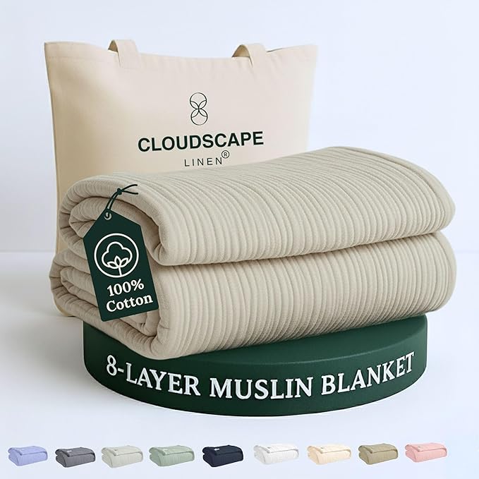 Cloud Scape Linen 8-Layer Muslin Blanket Queen Size - 100% Cotton, Soft and Breathable, Oversized Winter Blanket, Fits up to Full Size Bed, 92x92, Fog