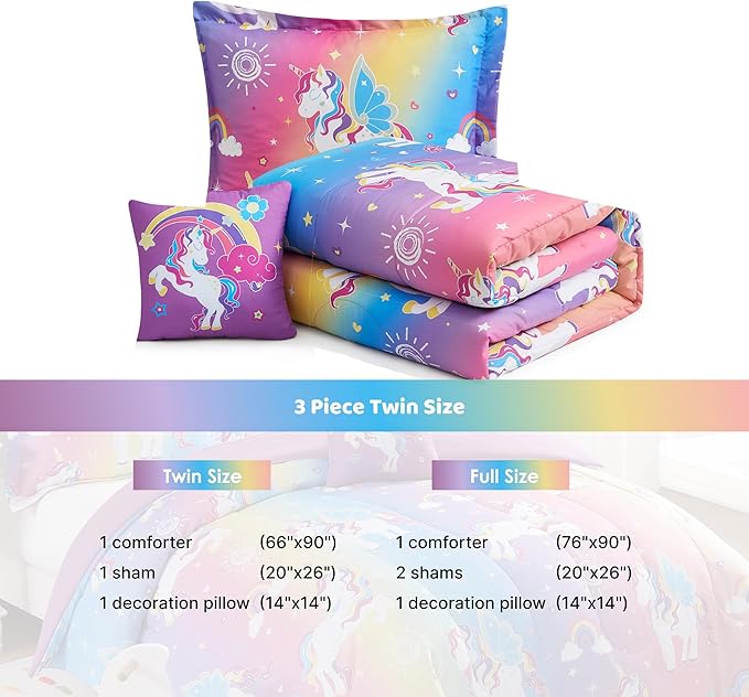 Twin Comforter Set for Girls-3 Pieces Rainbow Unicorn Twin Bedding Sets for Kids,1 Comforter,1 Sham and 1 Decor Pillow