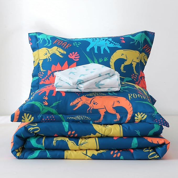 Wajade Boys Dinosaur Comforter Set Bed in A Bag Twin Size 7 Piece 3D Blue Dinosaur Print Bedding Set for Kids Teens(1 Comforter, 1 Flat Sheet, 1 Fitted Sheet, 2 Pillowcase and 2 Pillow Sham)