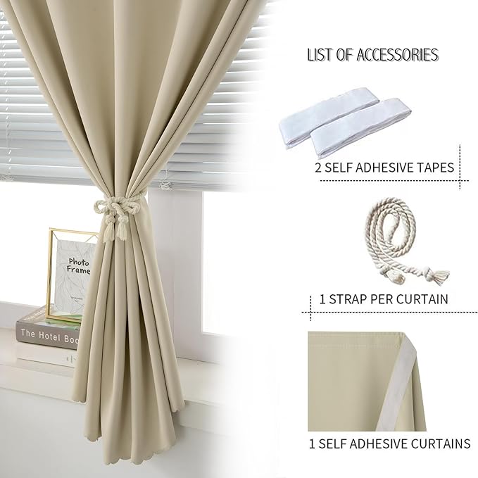 Self Adhesive Portable Blackout Curtains for Bedroom Easy to Install Window Thermal Lnsulated Kitchen Room Darkening Small Window Curtains, Cortinas Para Cuarto, 35"W X 59"L, Beige, 1 Panel