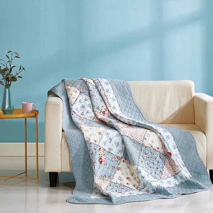 Cozyholy Original 100% Cotton Patchwork Quilt Blue Floral Bedspread Coverlet Reversible Vintage Shabby Chic Quilted Throw Blanket Bed Quilt Cover for Couch Sofa