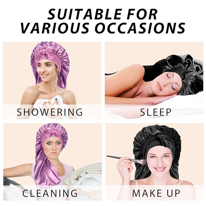 2Pcs Bonnets for Black Women Braid Bonnet, Large Long Satin Bonnet for Braids, Silk Bonnet with Stretchy Tie Band Sleep Cap Hair (Black&Dark Purple)