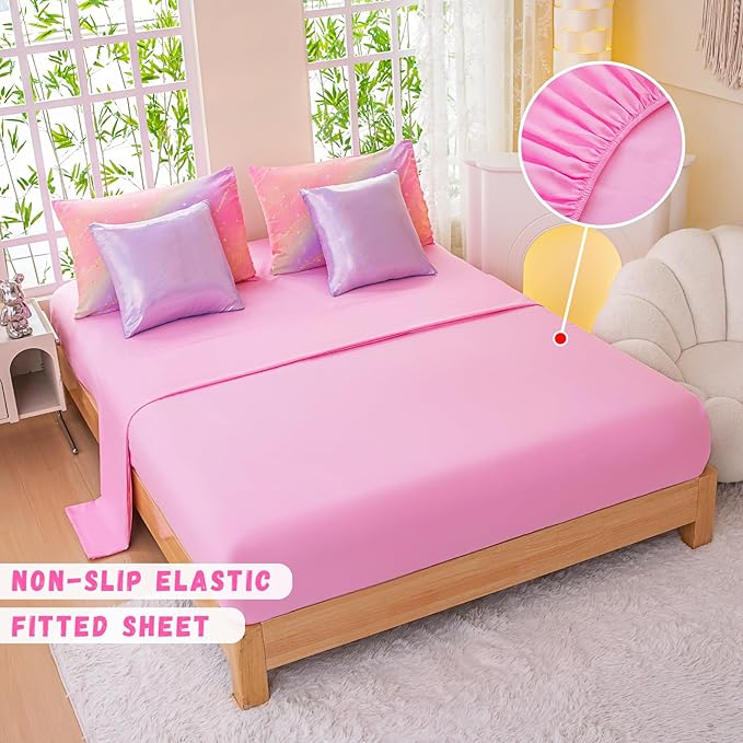Rainbow Bedding Set Twin Size – 7 Piece Reversible Girls Comforter with Deep-Pocket Sheet, Gradient Galaxy Design, Whole-Piece Filling, Machine Washable Bed-in-a-Bag for Kids Room Makeover & Gifts