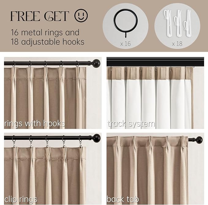 Topfinel Pinch Pleated Curtains 96 Inch Long, 100% Blackout Thermal Insulated Natural Linen Pinch Pleat Viral Drapes with Hooks Rings 2 Panel Sets, Neutral Birch Ivory 8FT Back Tab Window Curtains