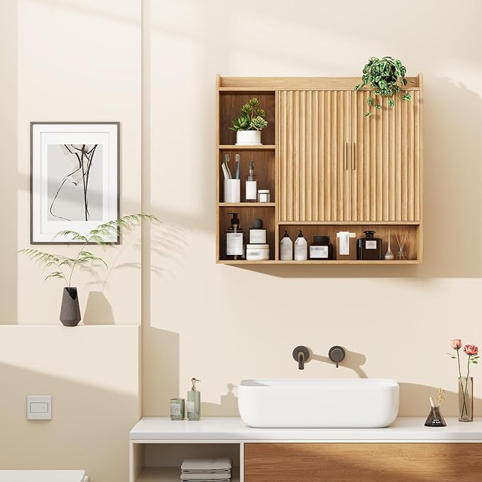Vabches Fluted Bathroom Wall Cabinet, Wooden Medicine Cabinet Organizer with 2 Doors and Adjustable Shelf, Over The Toilet Storage Cabinet for Laundry Room and Living Room