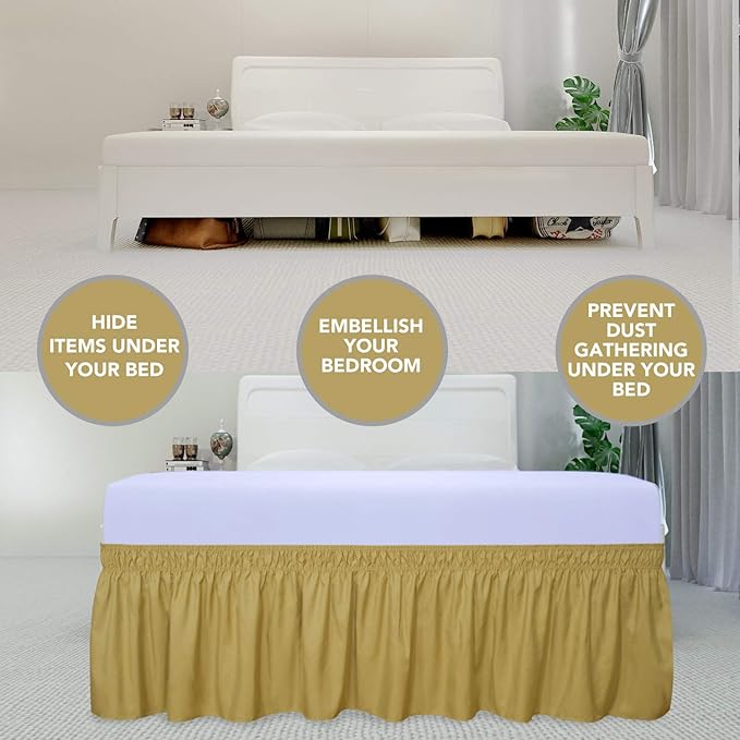 PureFit Wrap Around Ruffled Bed Skirt with Adjustable Elastic Belt - 22 Inch Drop Easy to Put On, Wrinkle Free Bedskirt Dust Ruffles, Bed Frame Cover for Twin,Twin XL and Full Size Beds, Gold