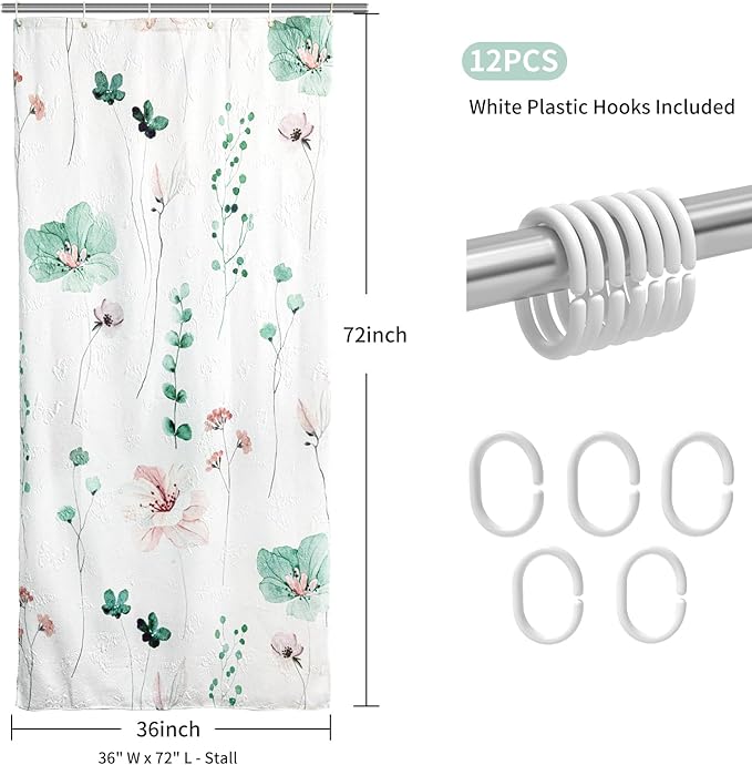 QiyI Small Stall Shower Curtain 36 x 72, Narrow Half Watercolor Floral Bath Curtain, 3D Embossed Sage Green Flower Cloth Bathroom Curtains, Waterproof Fabric White Shower Curtain Set with Hooks