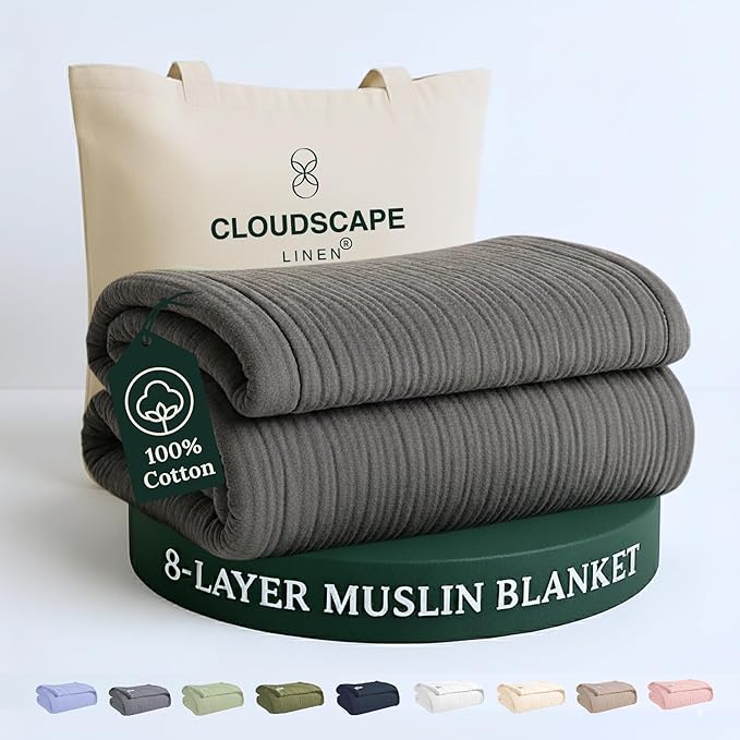 Cloud Scape Linen 100% Cotton 8 Layer Twin Size Muslin Blanket - Breatheable and Soft Winter Blanket for Bed, Couch and Sofa, Oversized Fits up to Twin XL, Best Gift Idea, 68x92, Dark Grey
