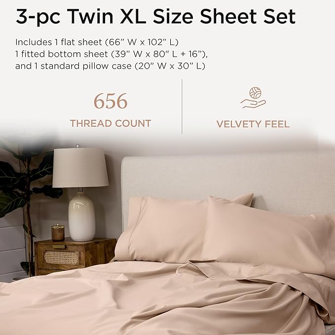 Threadmill Twin XL Sheet Sets | 656 Thread Count 100% Supima Cotton Sheets for Twin XL Mattress |Solid Sateen Twin XL Bed Sheets Set| 16” Deep Pocket | Soft Breathable 3-Piece Cooling Sheet Set |Beige