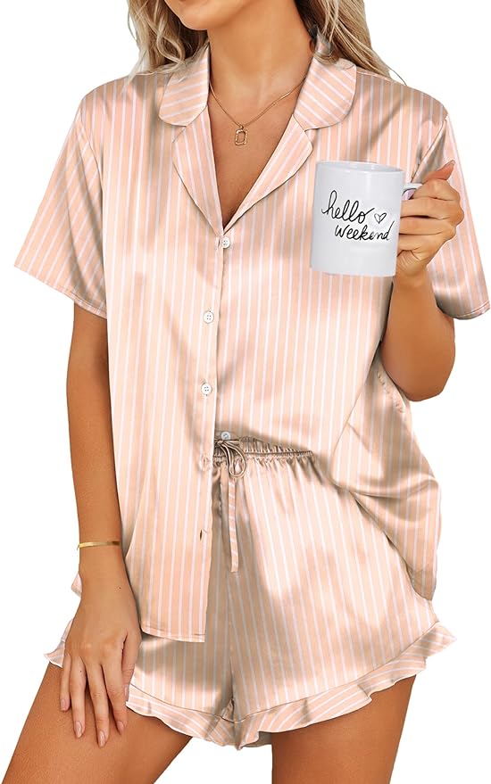 Ekouaer Womens Satin Pajamas Set Button Down 2 Piece Silk Pjs Shorts Set Ruffle Lingerie Notch Collar Sleepwear