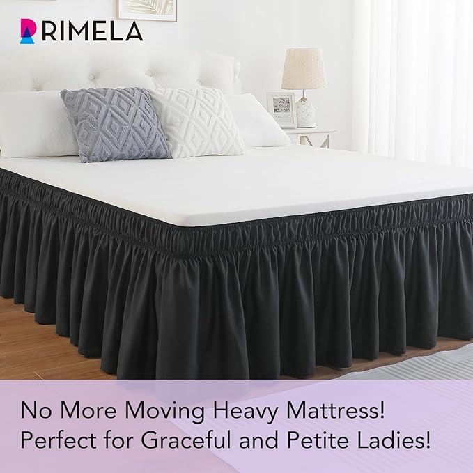 RIMELA Black Bed Skirt Full Size 18 Inch Drop, Elastic Bed Skirting for Bed Base and Frame, Bedding Dust Ruffle Easy to Install, Lightweight Wrap Around Adjustable Bedskirt